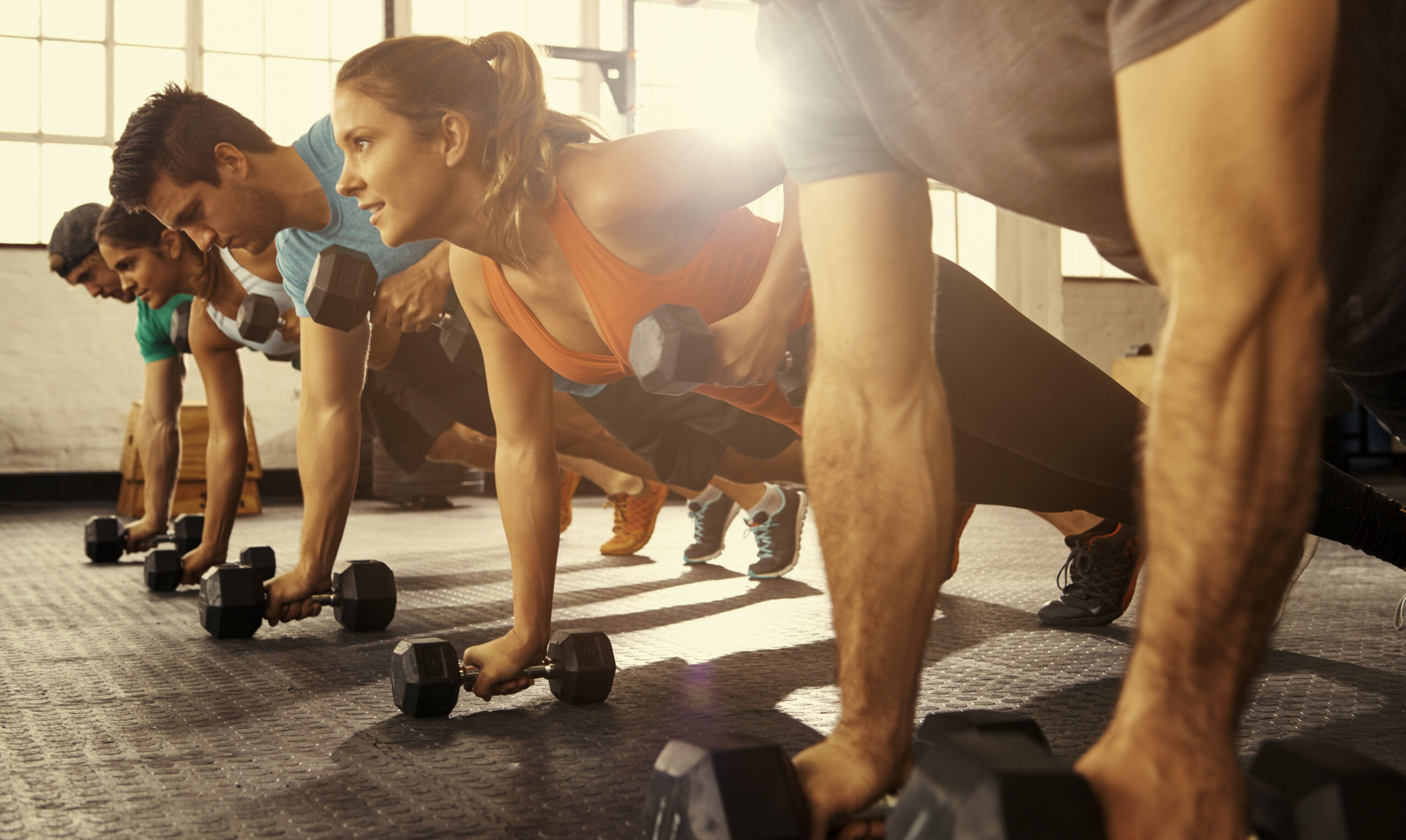 Shot of a fitness group doing push-ups using dumbbellshttp://195.154.178.81/DATA/i_collage/pu/shoots/804605.jpg